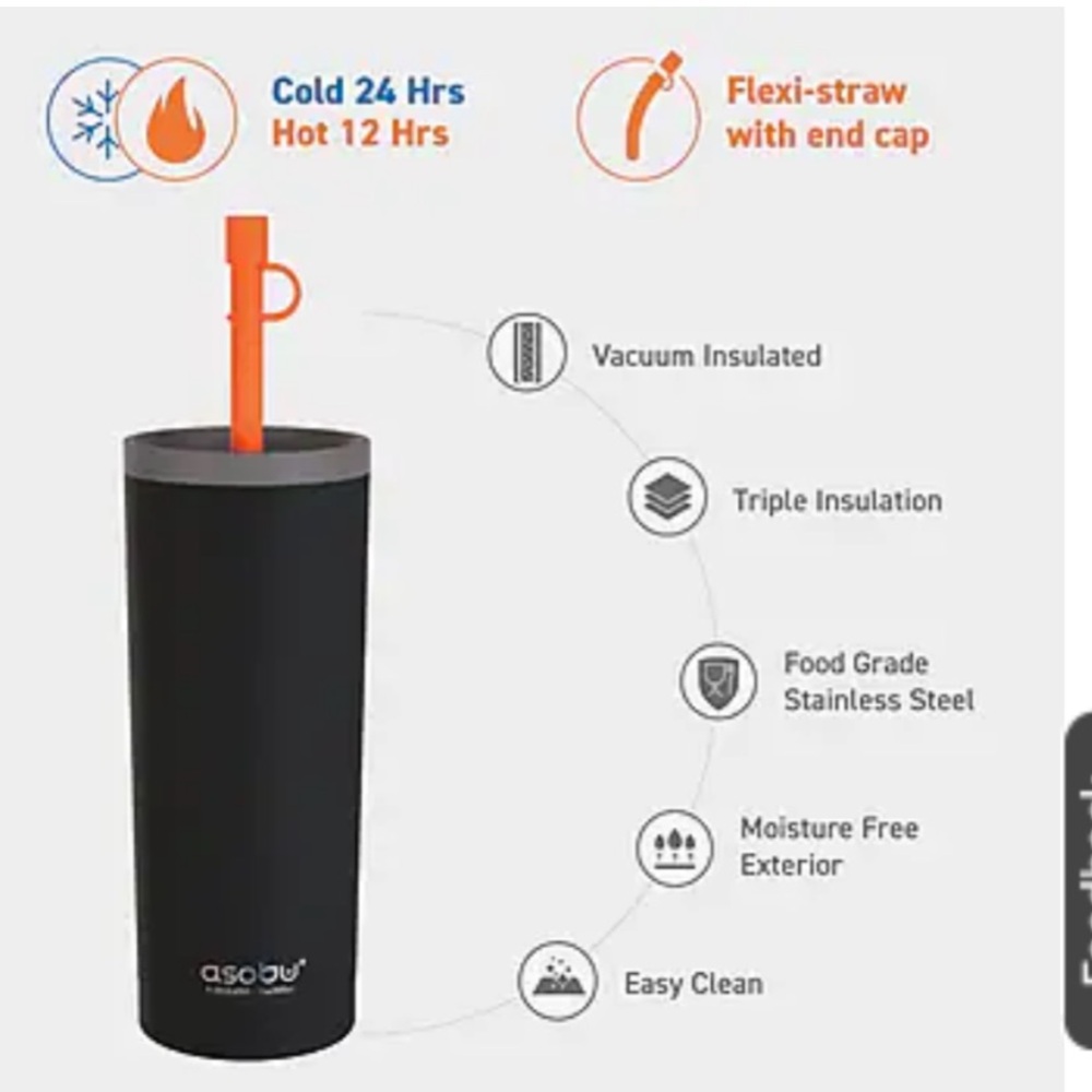 Asobu Vacuum Insulated Black Tumbler with Straw